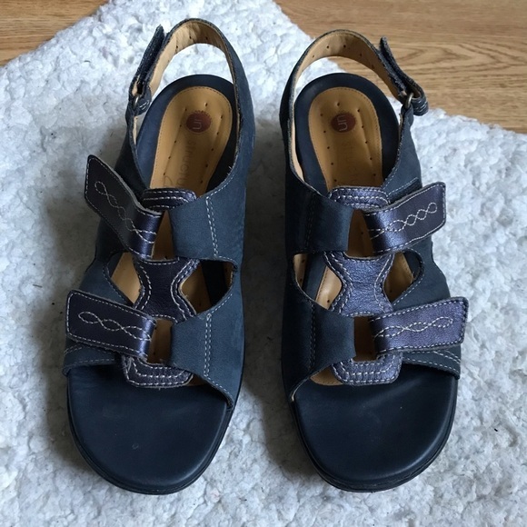 Clarks Unstructured Navy Suede and Metallic Purple Sandals Size 9N - Picture 2 of 12